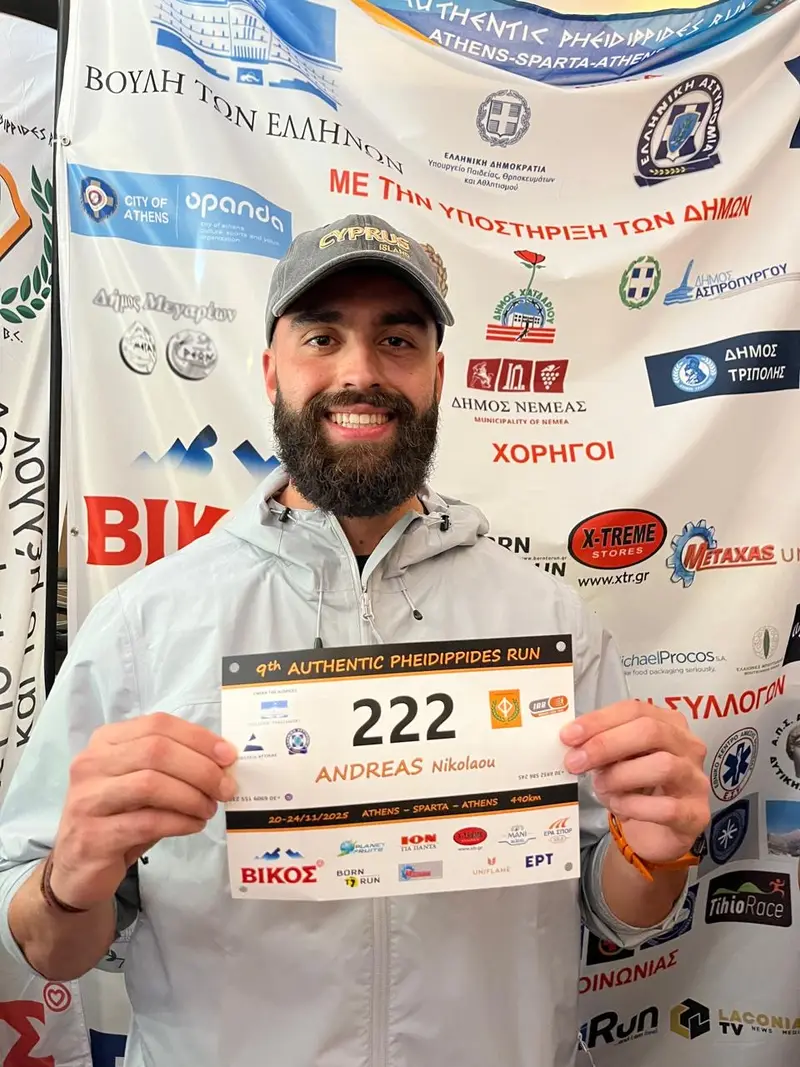 BFL athlete Andreas with his race bib for the Athens-Sparta-Athens ultramarathon